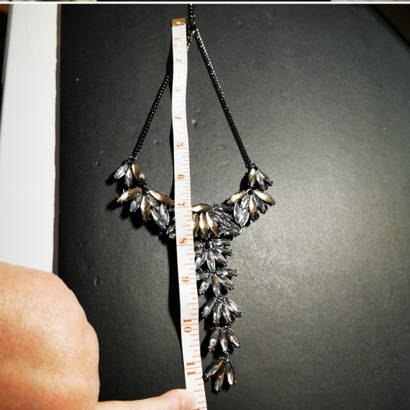 Smokey Gray and Light Amber Rhinestone Long Front Statement Necklace - Picture 14 of 15